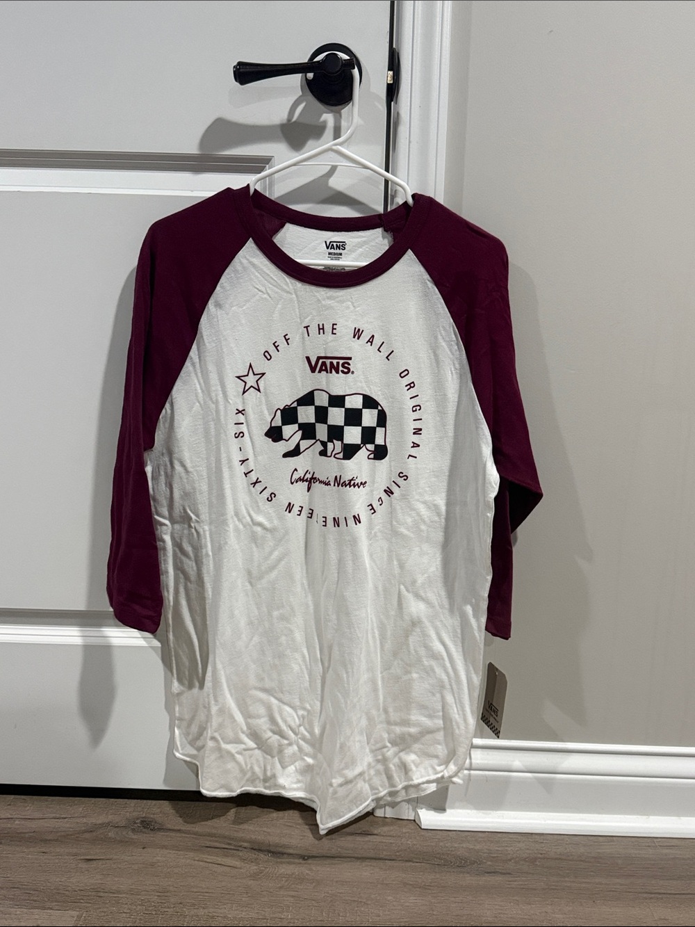 Vans Men’s White Raglan Tee with Burgundy Sleeves and Checker Bear
